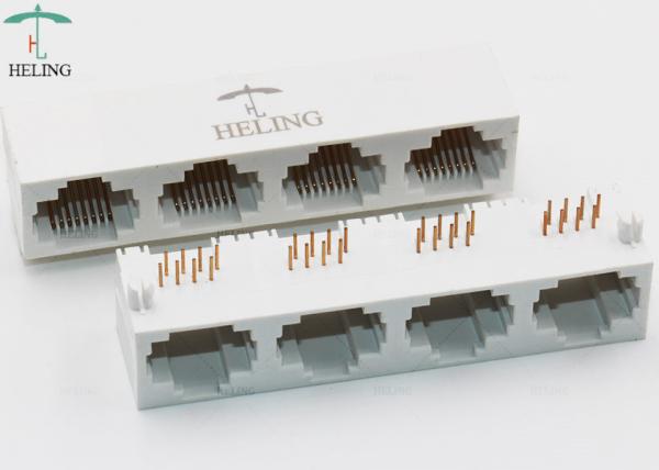 白い色RJ45モジュラー ジャックは1 x 4 THTの土台の上の直角タブを左舷に取ります
