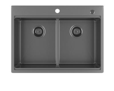 FOOK SINK Handmade Top Mount 304 Stainless Steel Double Bowl Kitchen Sink with Ledge