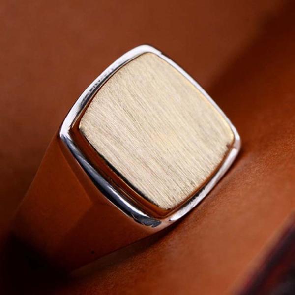 925 Sterling Silver Golden Two Tone Suqare Men Ring(060452)