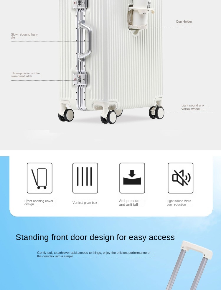 High-Value Unisex Multifunctional ABS+PC Trolley Case Waterproof Front Opening Travel Luggage Strong Password Box Suitcase