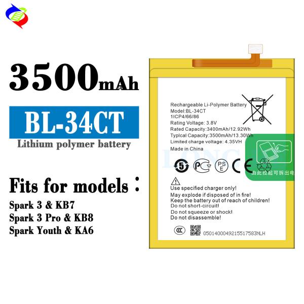 3500mAh KB8 BL-34CT Bateria de telefone móvel para Tecno Spark 3 Pro Baterias recarregáveis