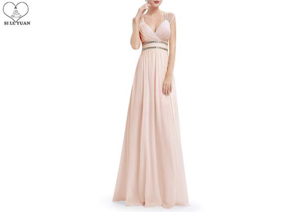 V Neck Girls Bridesmaid Dresses Waist Beading Sleeveless Back Hollow Out Chiffon