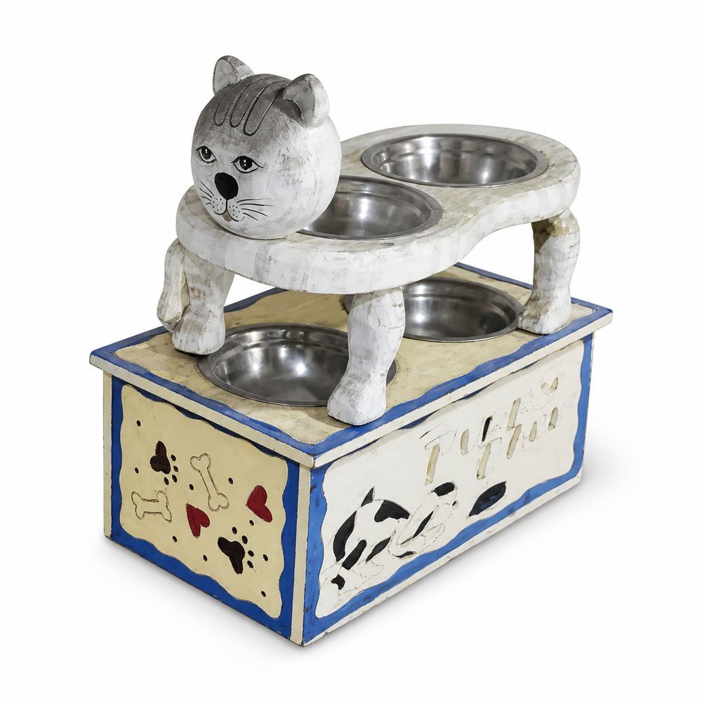 Rustic Wooden Cat Pet Feeding Station