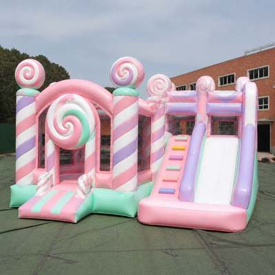 Pastel Candy Inflatable Bouncer Slide with Lollipop Decorations Dual Play Areas and Safety Mesh