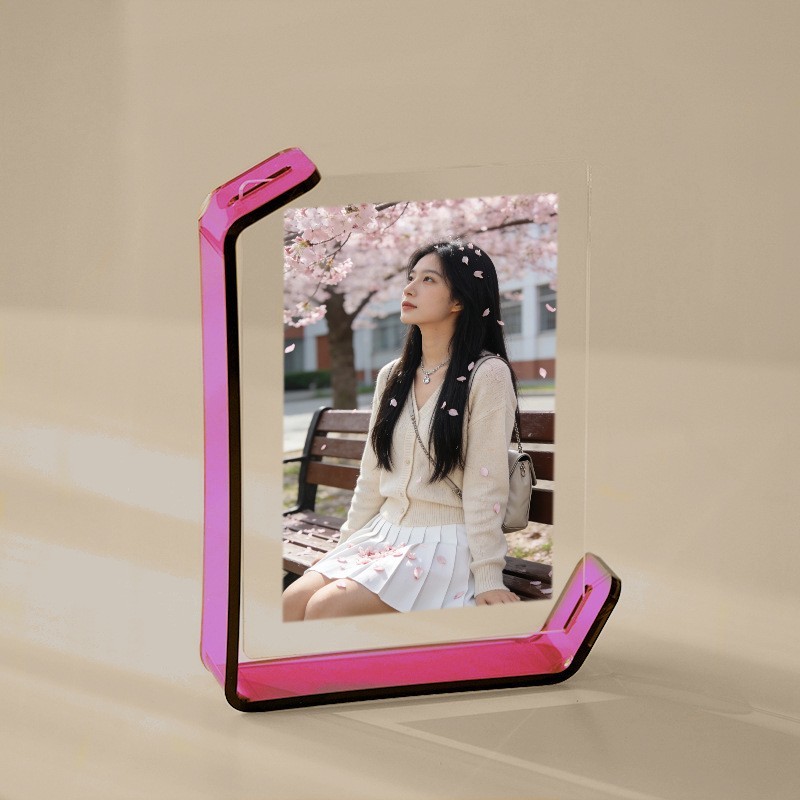 Pink Transparent Acrylic U-Shaped Photo Frame — Desktop Picture Stand for Home Decor, Custom Sizes & Logo Available