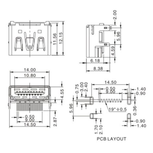 Гнездо соединителя Pin HDMI черноты 19, высокотемпературная разъем-розетка Hdmi