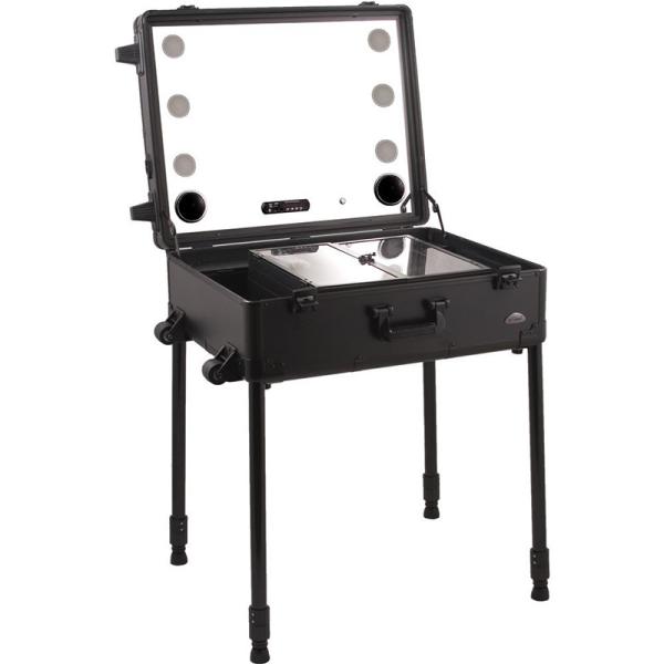 Black Color Portable Lighted Makeup Case , Makeup Travel Case On Wheels