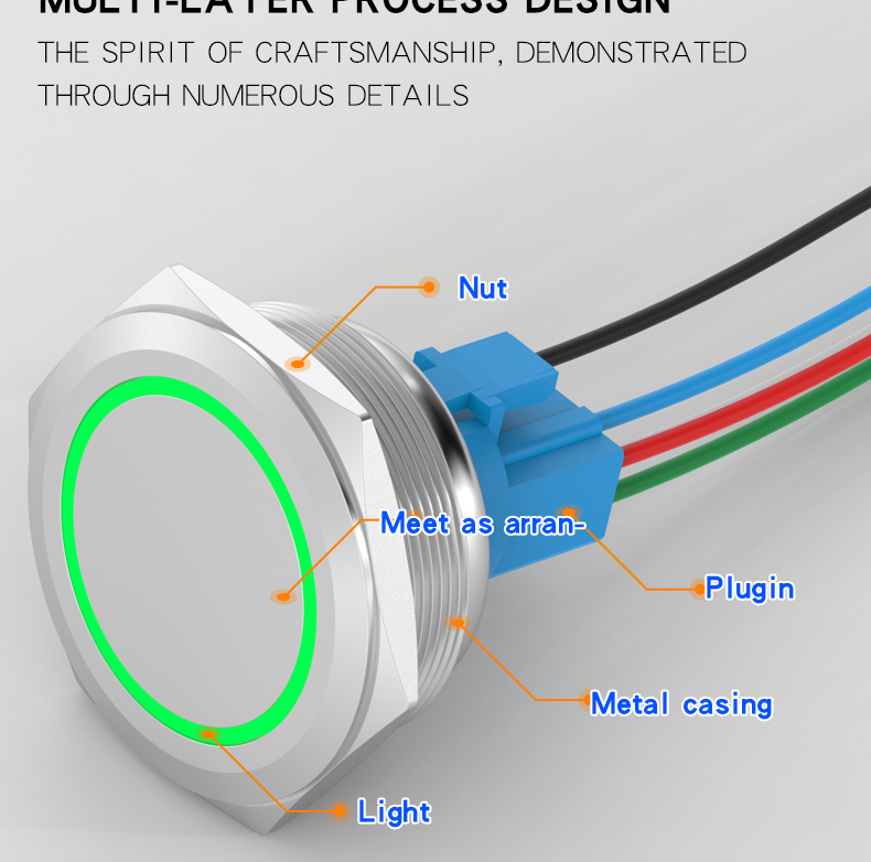 40mm metal button switch with light, large hole, stainless steel power start/stop self-lock reset boot button
