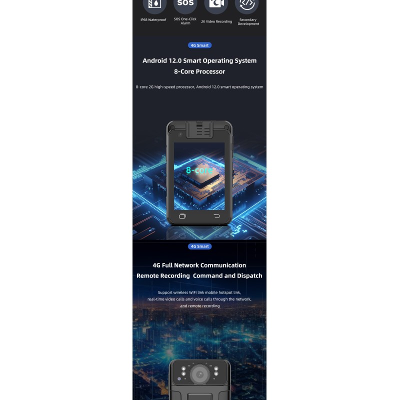 4G 2K HD Body Worn Camera Dual Cameras Support Wifi&Bluetooth and GPS with 2.8'' Touch Screen IP68 Waterproof Recorder Cameras