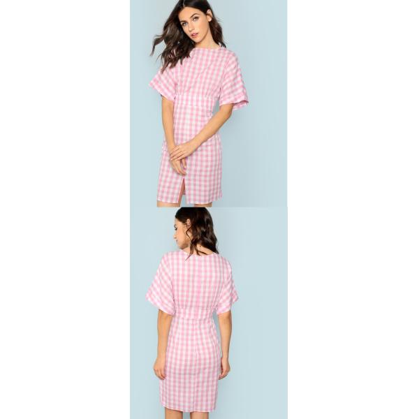 Fall Apparel For Women Rolled Up Sleeve Wide Waistband Plaid Dress