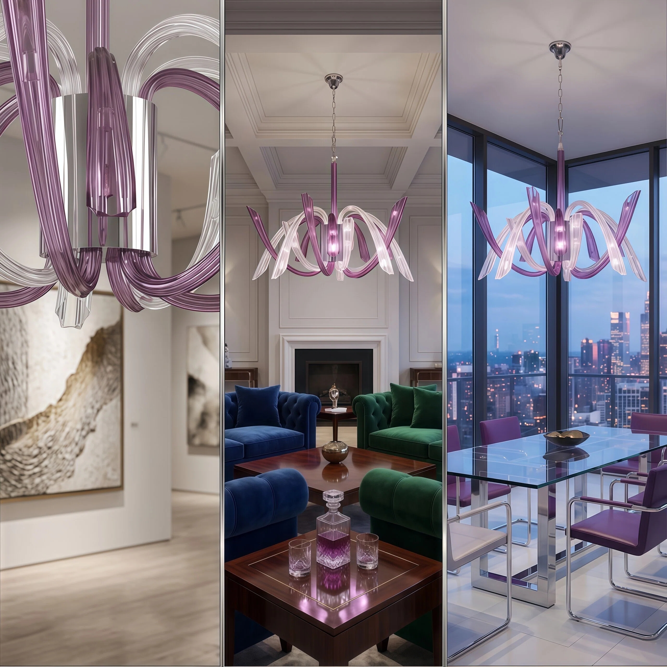 JYLIGHTING Luxury Abstract Swirl Purple Glass Chandelier, Metal‑Supported Hanging Light for Living Room, Hotel Suite and Upscale Residential Projects