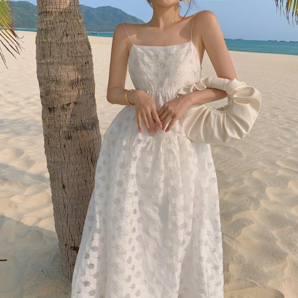 Sexy Back Tie Strap 115cm White Sleeveless Beach Dress Mid Length