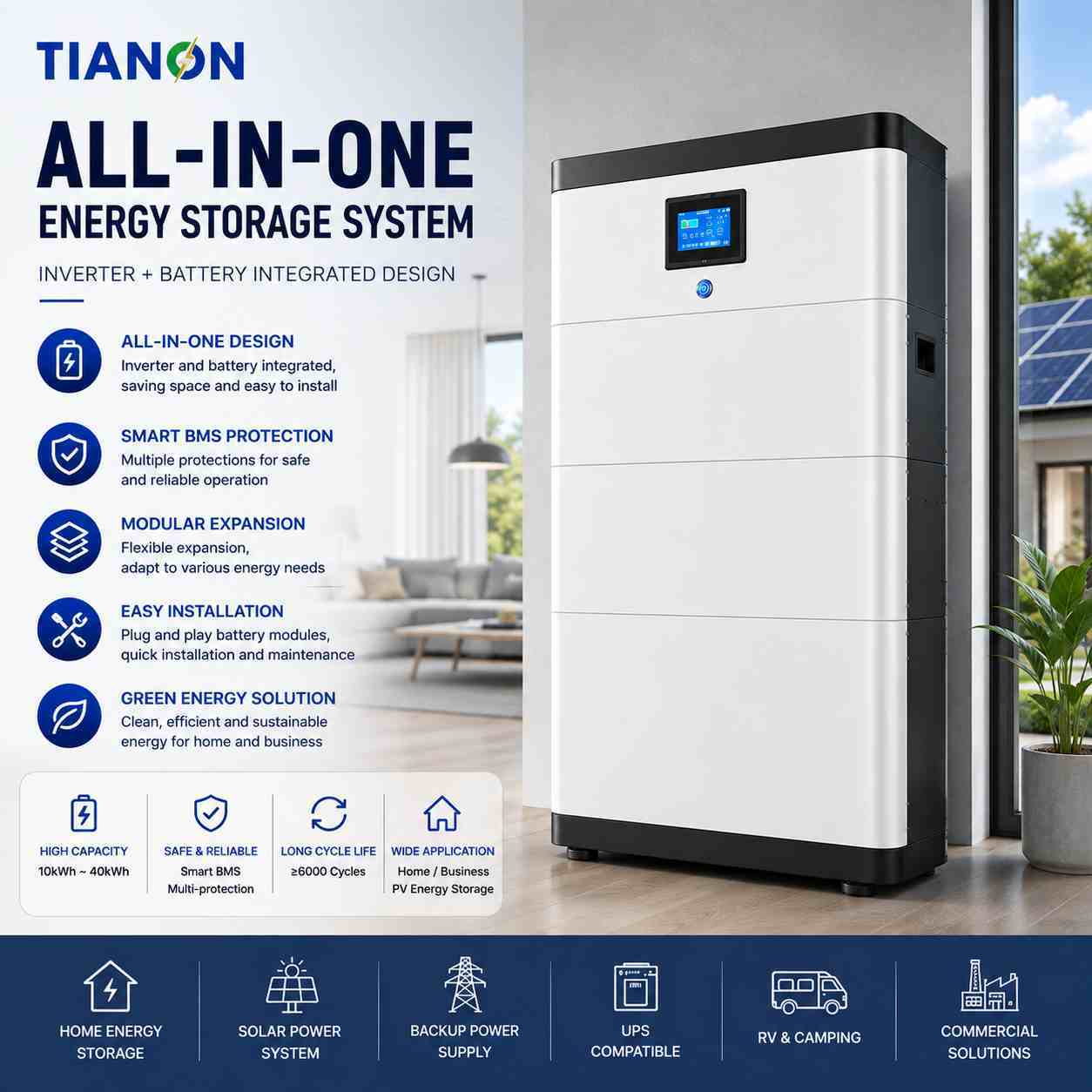 20kWh 30kWh 40kWh Stackable LiFePO4 Battery Energy Storage System 10kWh Module Solar Backup Power - Tianon