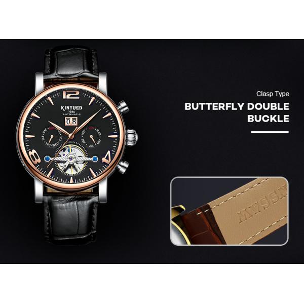 Auto Date Mens Mechanical Watches Black Genuine Leather Wrist Watch