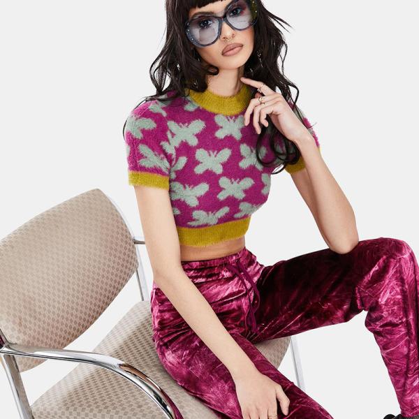 Short Sleeve Crop Top Knit Sweater Jacquard Woolen Sweaters For Ladies