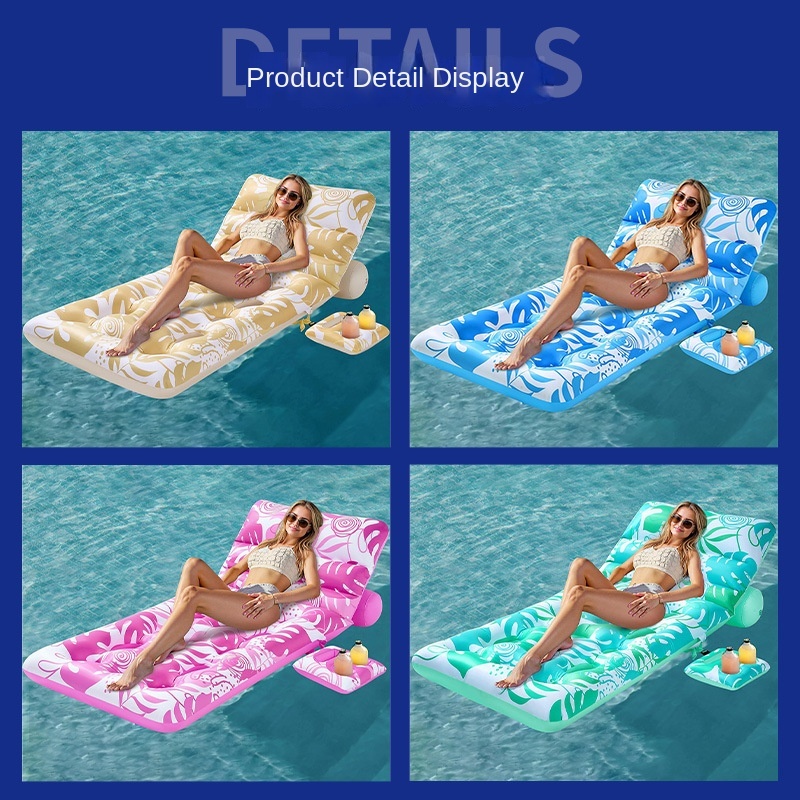 Cross-border PVC Inflatable Raft Cup Holder Backrest Hollow-Design Floating Bed Tropical Leaf Patterned Beach Water Mattress