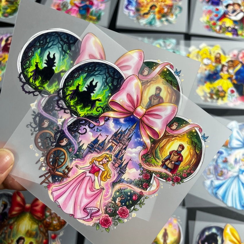 Sleeping Beauty Aurora Mickey Head DTF Transfer - Ready to Press PET Film Iron On Sticker for T Shirts, Custom Private Logo Wholesale Heat Transfers