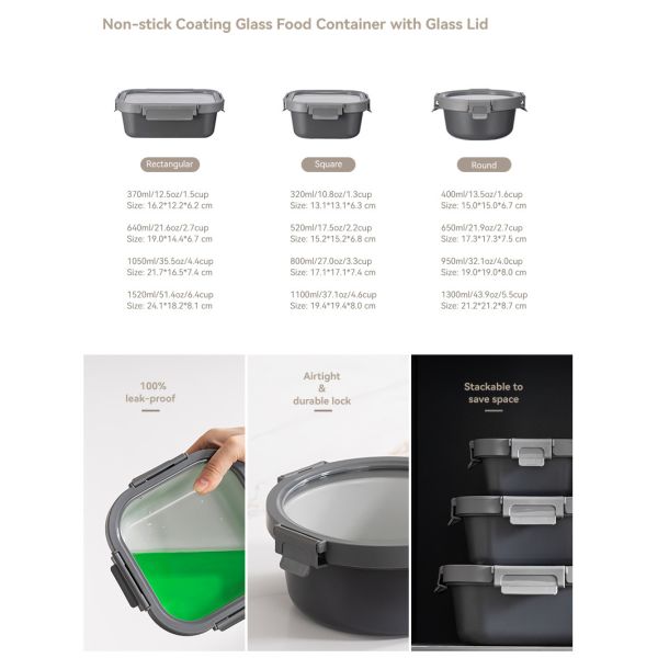 IKOO Glass Containers wholesale Non-stick Coating Glass Food Container with Glass Lid Freezer Safe and Oven Safe