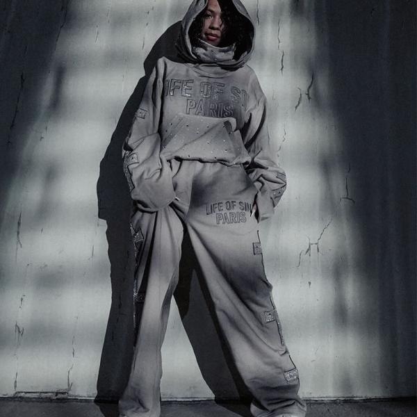 Traje de sudor personalizado de piedra de rincón suéter de aflicción con máscara con parche bordado con capucha con bolso apilado con pantalón de sudor