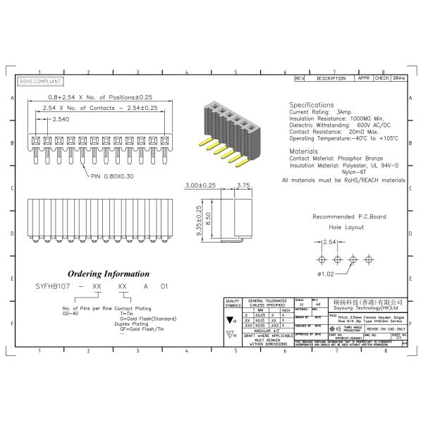 заголовка Pin соединителя заголовка PCB 2.54mm ТИП 1 *2PIN погружения прямоугольного женский к 1*40PIN
