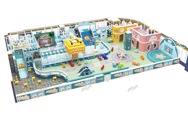 キュートな漫画をテーマにした、カラフルな青と緑の世界が広がる屋内子供用プレイグラウンド