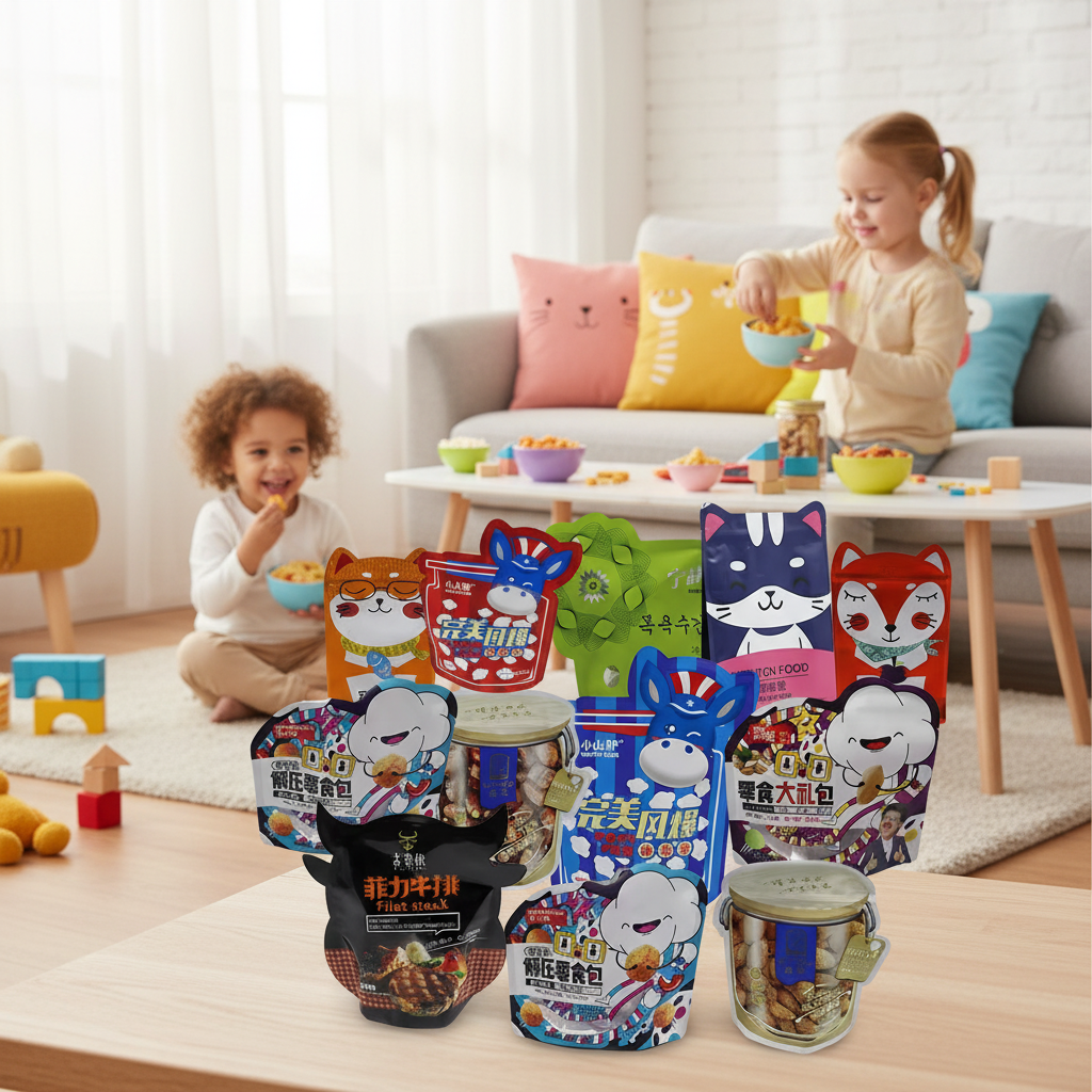 Vibrant Custom Cartoon-Shaped Snack Pouches Collection Character-Themed Disposable Flexible Packaging CPP MM Assorted Snacks