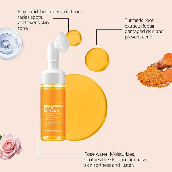 Étiquette privée Lumière blanchissante Nettoyage en profondeur Curcuma organique Acide kojique Nettoyeur facial mousse Laver le visage avec un pinceau
