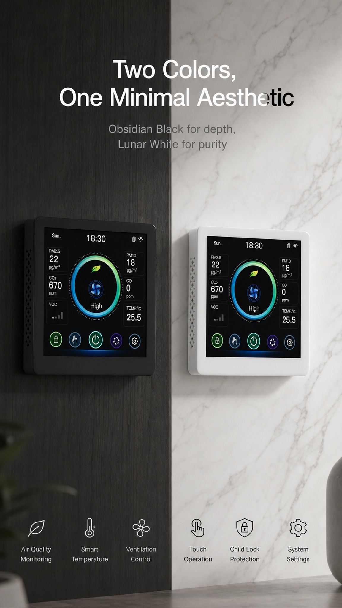 Smart HVAC Controller with 4 Inch LCD Color Screen Built-in CO+VOC+PM2.5+CO2+Temperature Sensors and Tuya WiFi & Modbus RS485