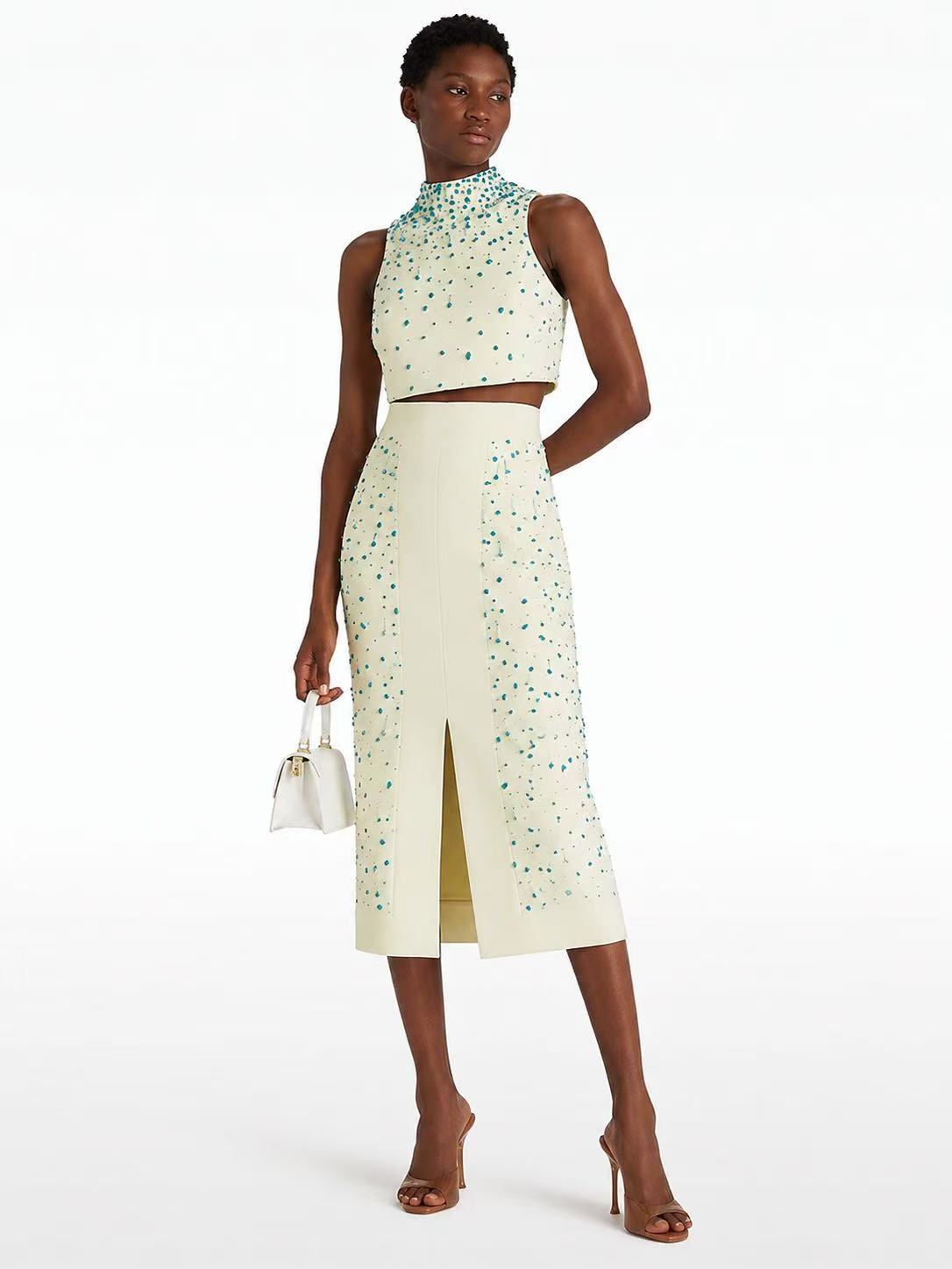 Elegant Women's Beaded Crop Top & Midi Skirt Set with Hand-Applied Bead Decoration and High-Waisted Design