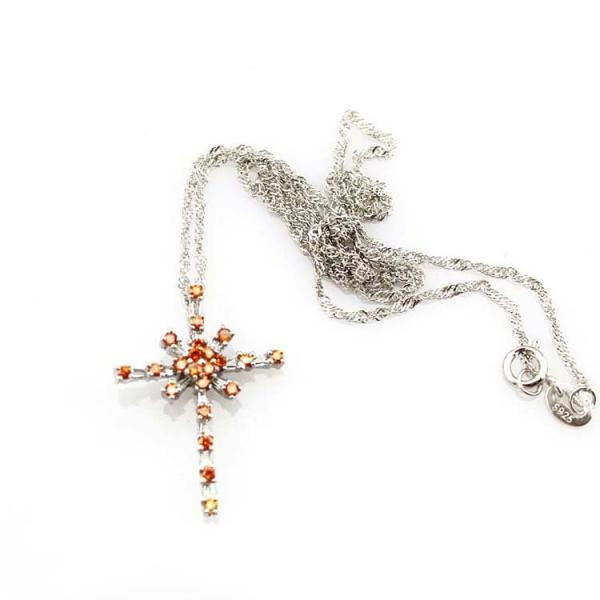 Women Jewelry 925 Silver  Pink Cubic Zirconia Cross Pendant Necklace  (P37)