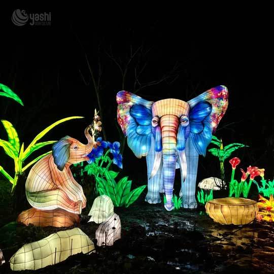 Custom Colorful Elephant Family LED Lantern Set, Wild Animal Light Sculptures with Plant Scenery for Park Lantern Festival