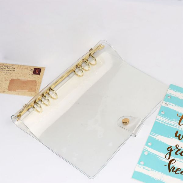 A5 A6 clear PVC Binder with 6 Holes , clear PVC Planner Cover with Gold Binder