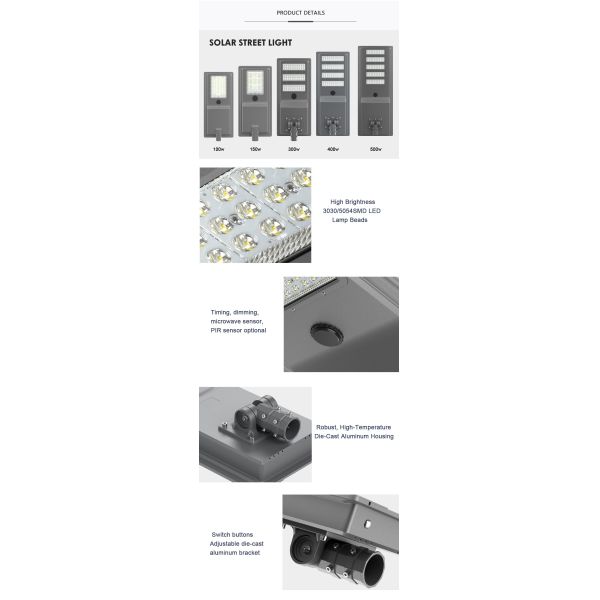 Aluminum Alloy Integrated Solar LED Street Light 500W IP65 Waterproof Outdoor Lighting System