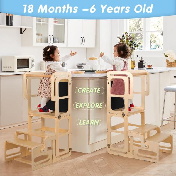 Montessori Foldable Learning Wooden Tower Adjustable Kitchen Step Stool for Toddlers