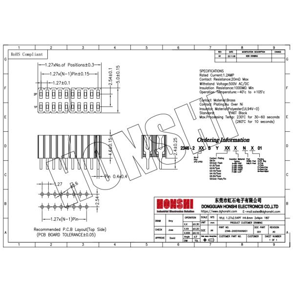 Conector de cabecera femenino de 100 pines DIP recta H4.6mm 1.27x2.54mm 2AMP Corriente nominal