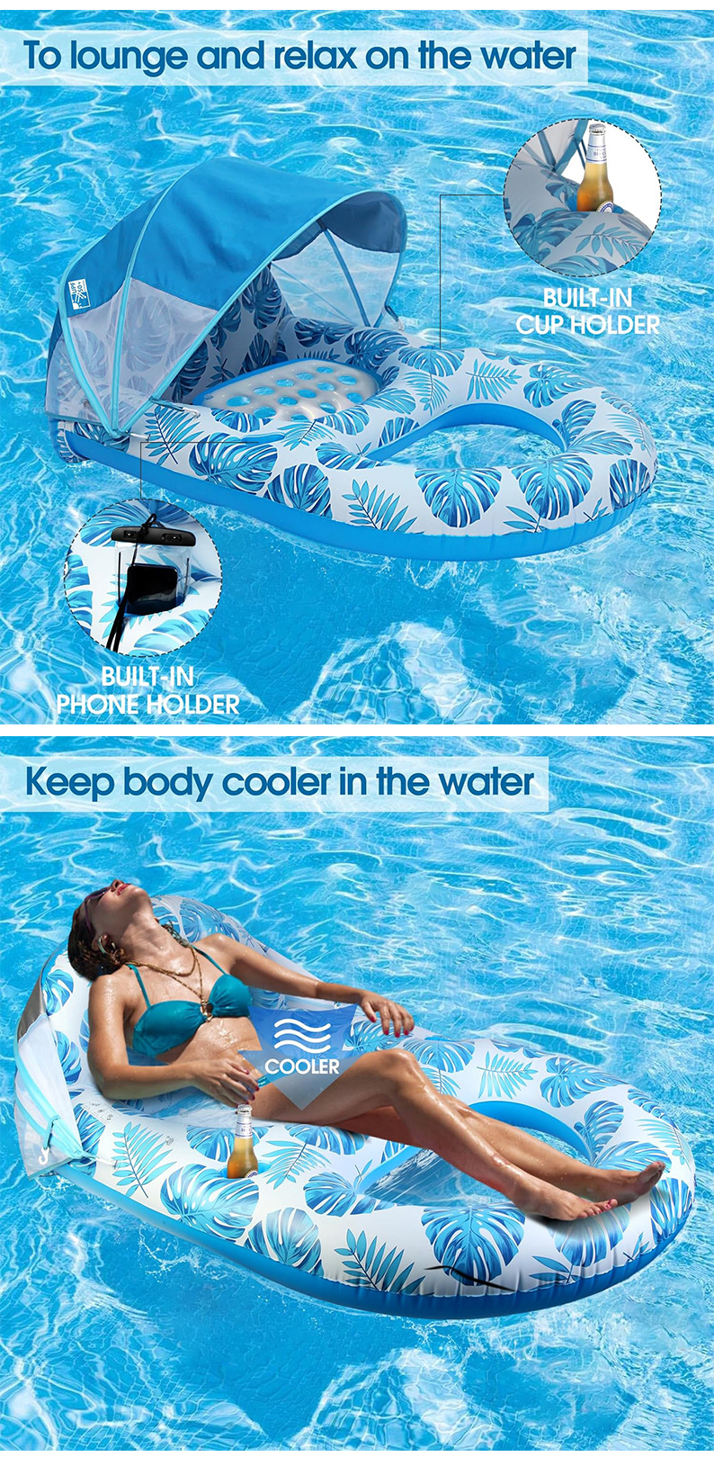PVC Inflatable Sunshade Floating Bed Canopy Pool Lounge Chair Detachable Floating Raft Backrest Hollow-Design for Beach Water