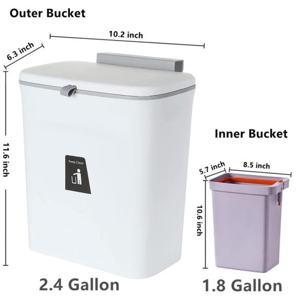 Kitchen Hanging Trash Can with Lid for Under Sink or Cabinet Door 2.4 Gallon Kitchen Compost Bin with Inner Bucket Garbage Can