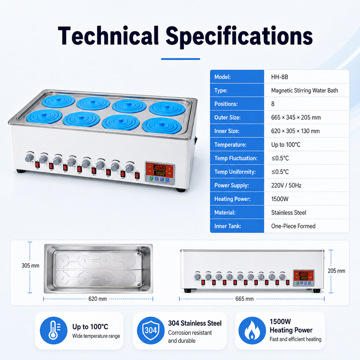 Cenlee OEM 8-Position Magnetic Stirring Water Bath 100°C 1500W for Laboratory Sample Mixing Chemical Research