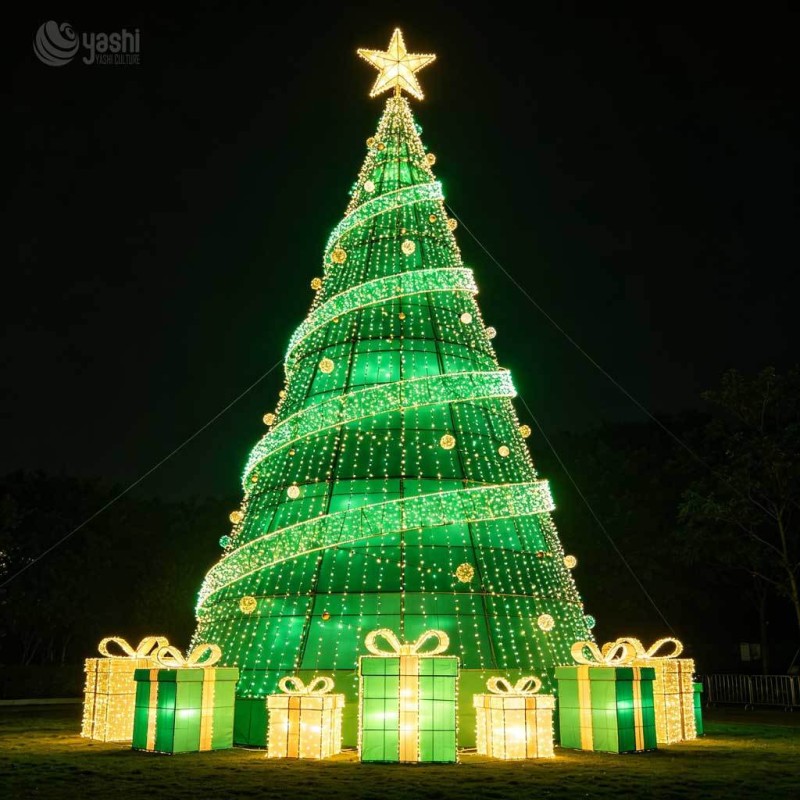 Custom Giant Christmas Tree Lantern, Outdoor LED Lighted Christmas Tree Sculpture With Stockings & Gift Boxes For Light Festival