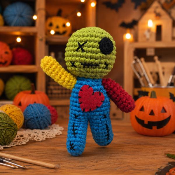 Crochet Voodoo Doll Set Halloween Plush Decorations Handmade Style Spooky Party Decor Goth Room Ornament Festival Display Stuffed Yarn Doll for Haunted House Carnival Cosplay Gifts