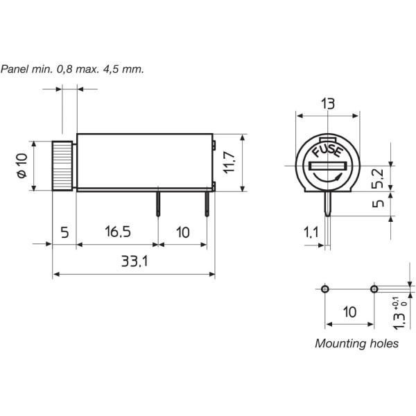 PTF-50 PCB Horizontal Mounting Cartridge Fuse Block Holder 6.3 Amp For 5mm X 20mm