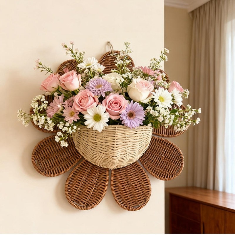 Handmade Eco-Friendly Rattan Wall Basket Multipurpose Wicker Hanging Shelf