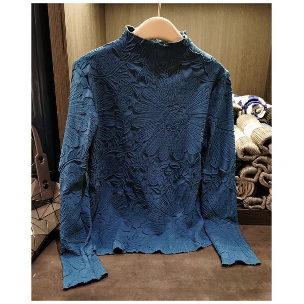 Japanese Pleated Stand Collar Long Sleeve T-shirt Top Printed Pleated Embodying Pleated Process Makes Flower Fashionable