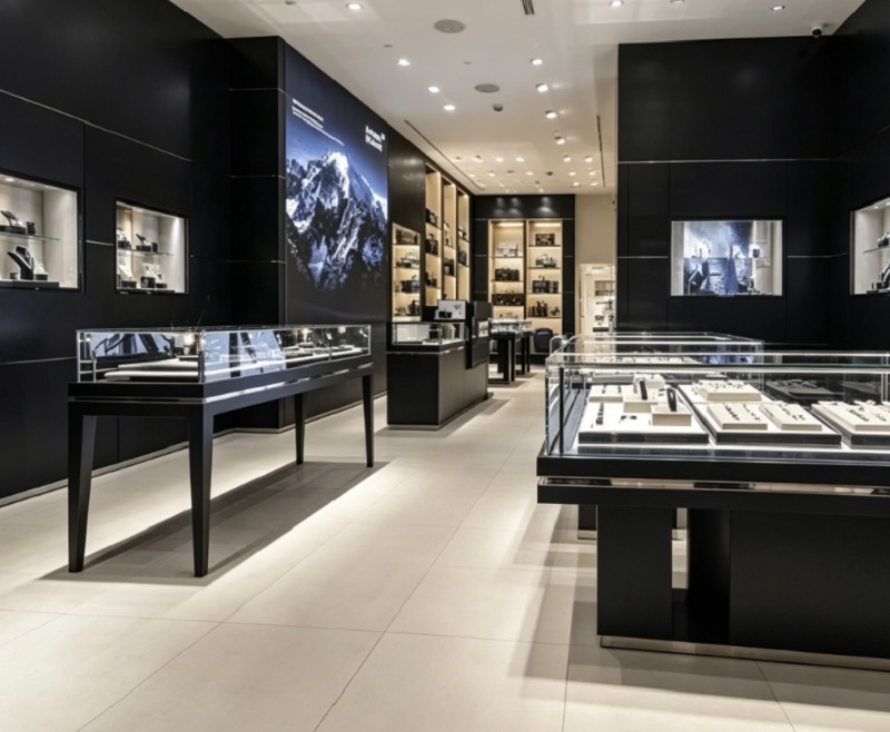 Custom Luxury Jewelry Store Black & Gold Full-Store Display Cabinet, Glass Showcase