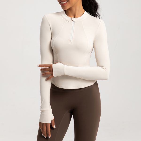 Women's Half Zip Long Sleeve Athletic Top Moisture Wicking Thumb Hole Cuffs Slim Fit