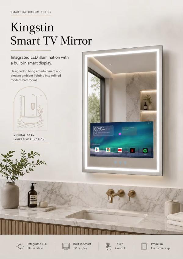 Kingstin Premium Frameless HD Glass LED TV Mirror for Bathroom, Smart App Touch Screen, 100% Customized Sizes