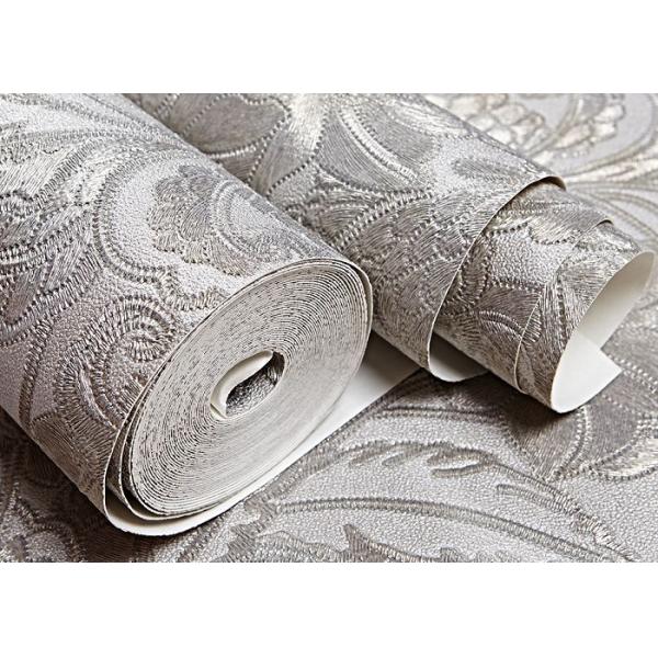 Eco - Friendly Silver Vinyl Removable Wallpaper With Floral And Leaf Pattern , 0.53*10M
