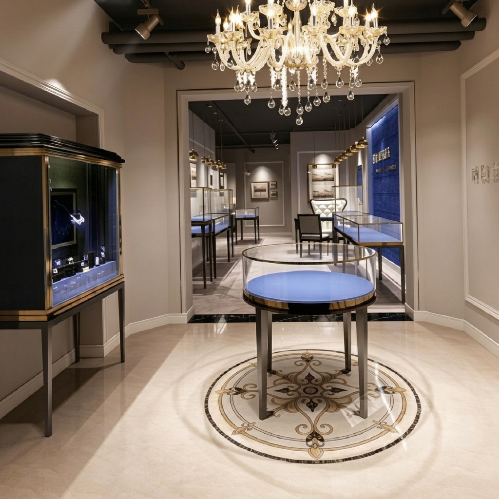 Blue Velvet Jewelry Display Stand; Curved Glass Tall Jewelry and Watch Display Case; Luxury Retail Store Display Cabinet