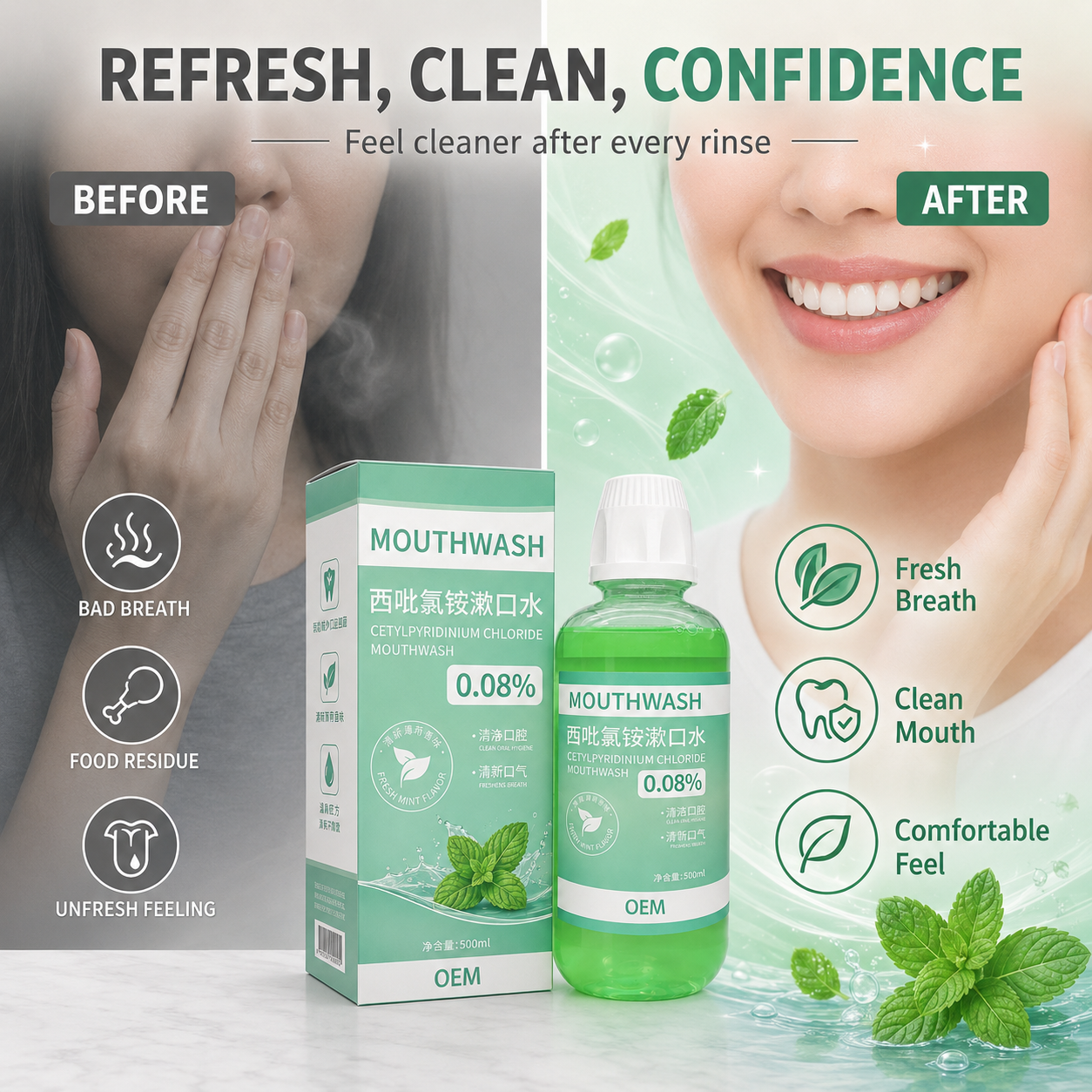 Cetylpyridinium Chloride 0.08% Concentration Mouthwash with Alcohol & Vitamin C | Fresh Mint 30-Second Instant Breath Freshening Daily Teeth Care