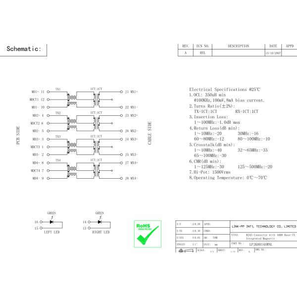 RJ45 защищало Lan 1000Base-TX креста 112510-3913 гнезда LPJK0014AWNL